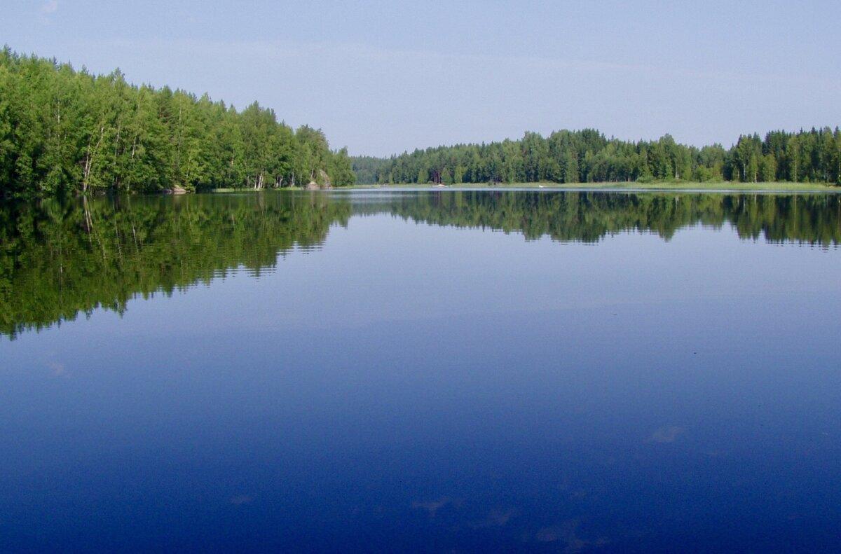 Finnischer See, umgeben von grünen Wäldern, die sich im Wasser im Sommer spiegeln