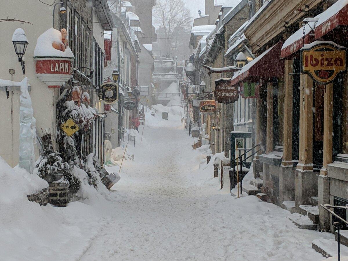 Snowy street in Old Quebec in winter
