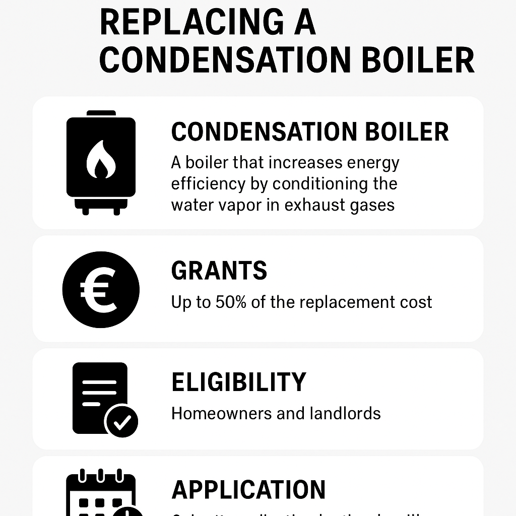 Infographie sur les aides financières pour chaudière à condensation, avec CEE, TVA réduite et éco-PTZ