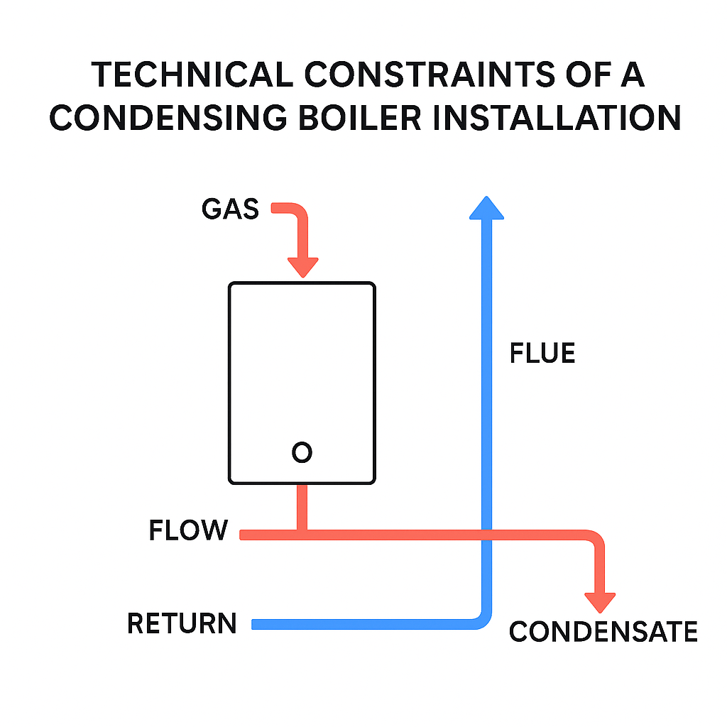Schéma technique de chaudière à condensation avec conduit, condensats, gaz et électricité