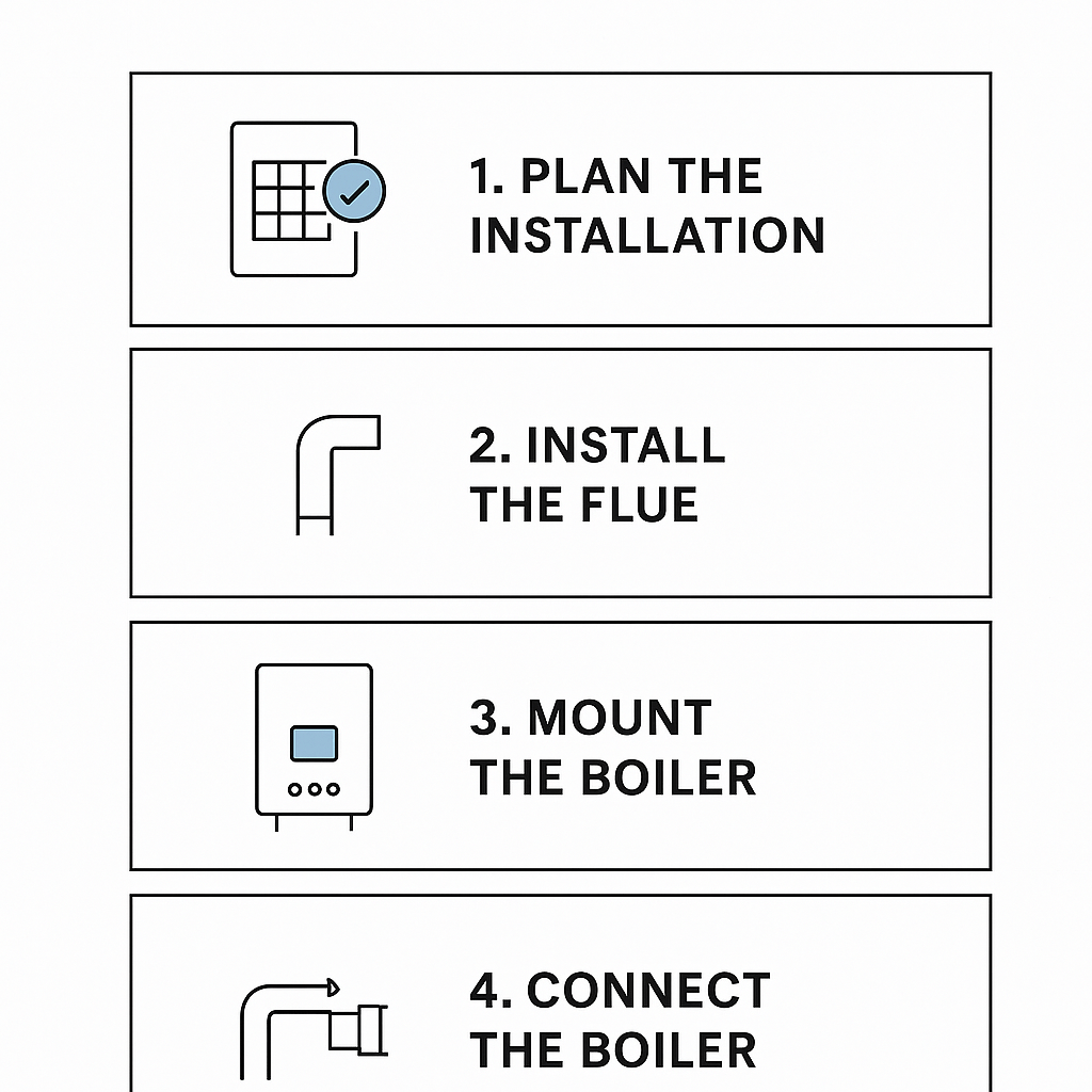 Diagramme des étapes d'installation d'une chaudière à condensation avec diagnostic, dépose et mise en service