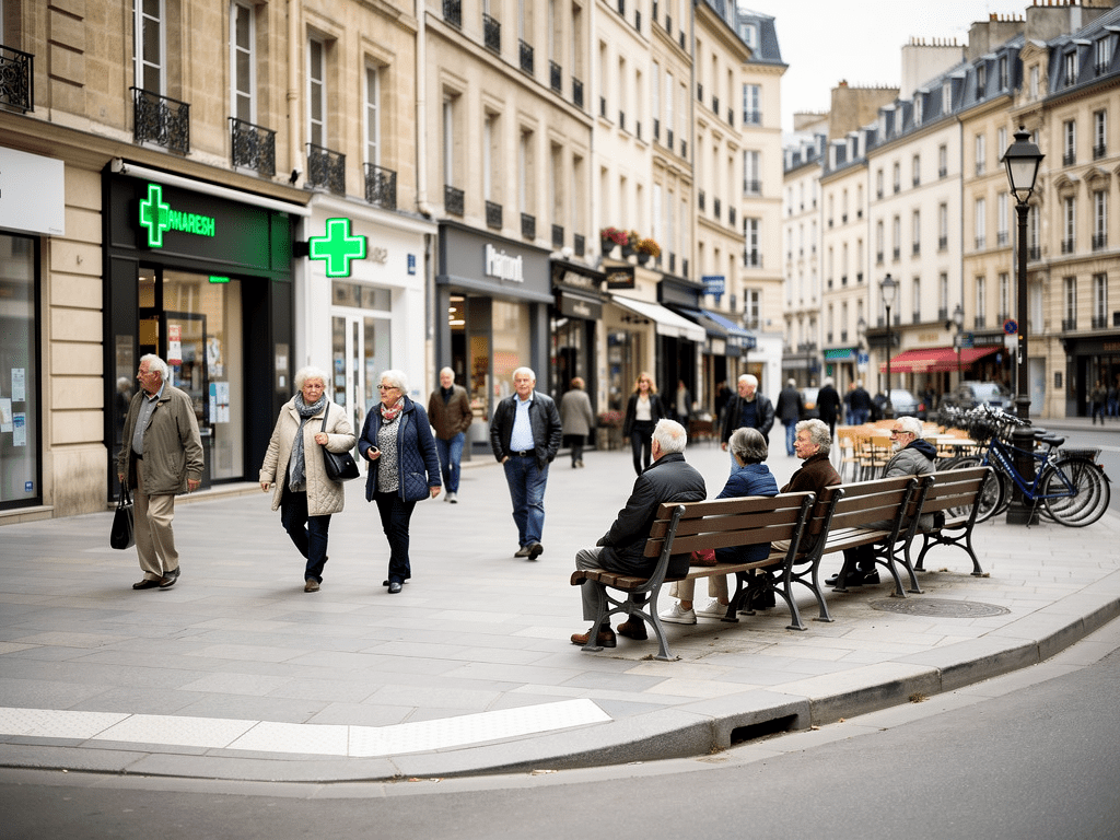 Rue de ville française montrant le vieillissement de la population et les besoins des seniors