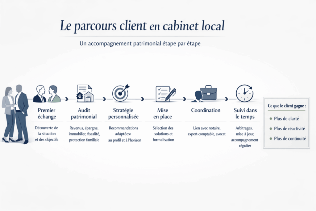 Infographie du parcours client dans un cabinet local de gestion de patrimoine, du premier échange au suivi dans le temps