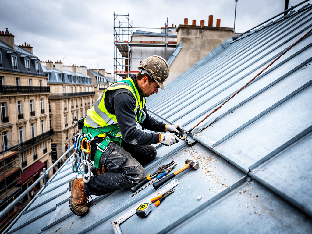 Couvreur-zingueur sur une toiture, spécialité artisanale recherchée dans la rénovation du bâti