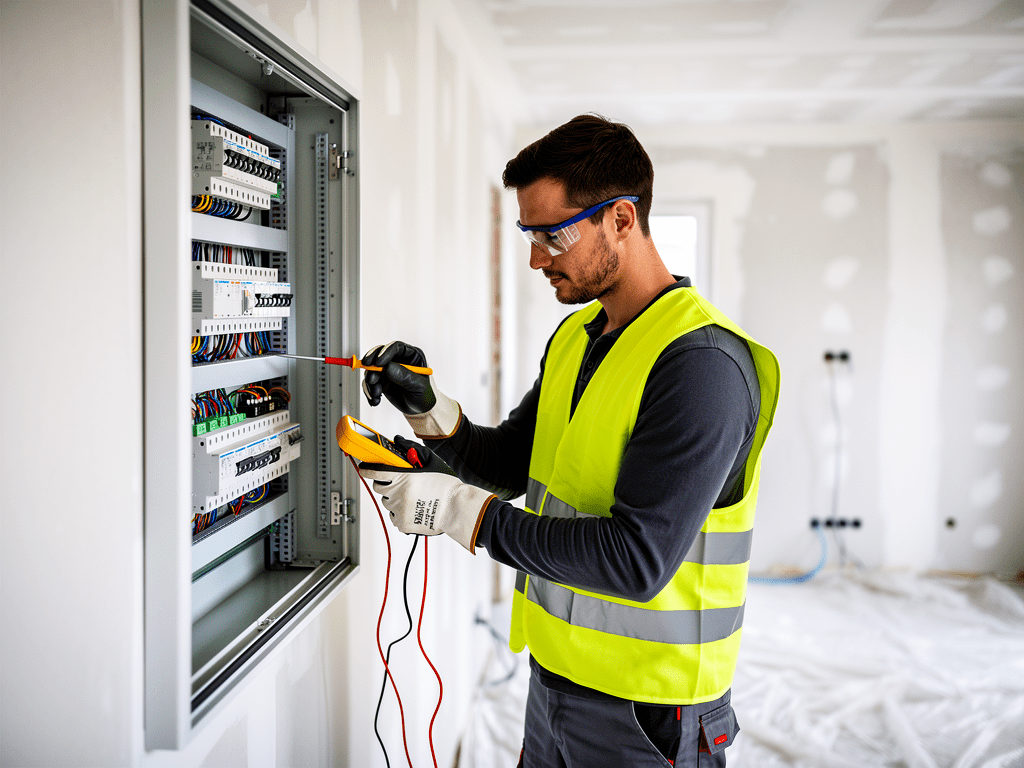 Électricien spécialisé devant un tableau électrique, un métier artisanal porté par la maintenance et la mise en conformité