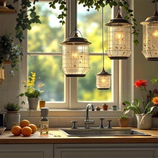 Pièges à mouches faits maison accrochés dans une cuisine