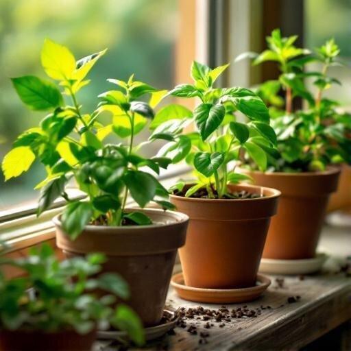 Plantes aromatiques en pot près d'une fenêtre pour repousser les mouches