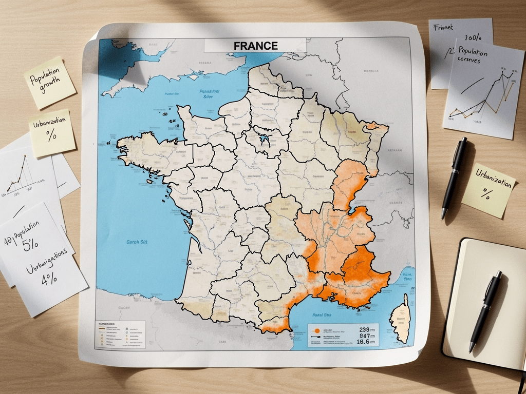 Karte, die das territoriale Bevölkerungswachstum in Frankreich bis 2050 zeigt, mit Westen und Süden als attraktivere Regionen