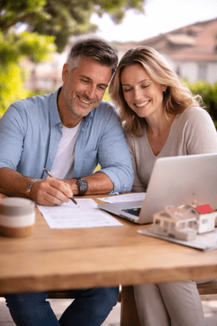couple preparing a real estate project in Perpignan with financing simulation and loan documents