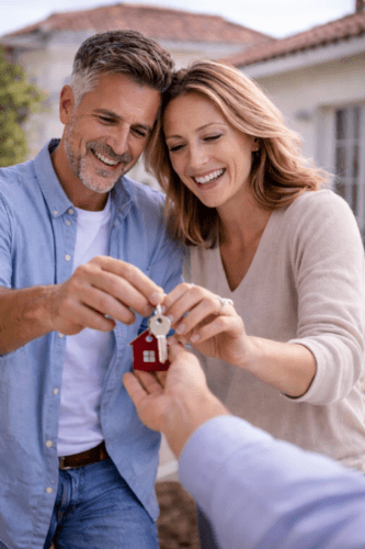 Couple de nouveaux propriétaires recevant les clés de leur maison après financement immobilier réussi à Perpignan