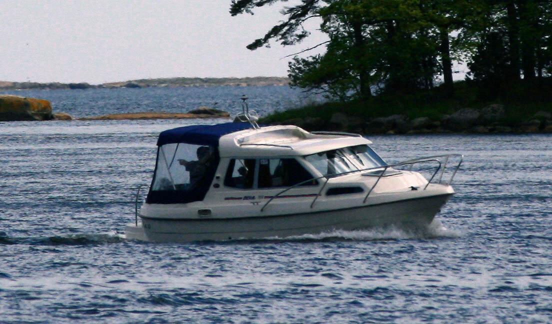Motorboot bei einer Fahrt nahe einer bewaldeten Küste