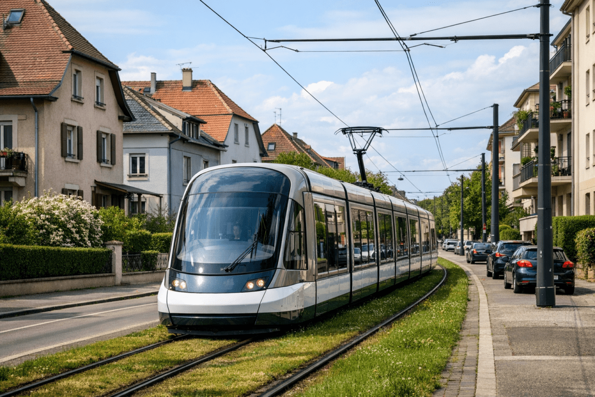 Tram de Strasbourg dans un quartier résidentiel, illustration de la mobilité douce au quotidien