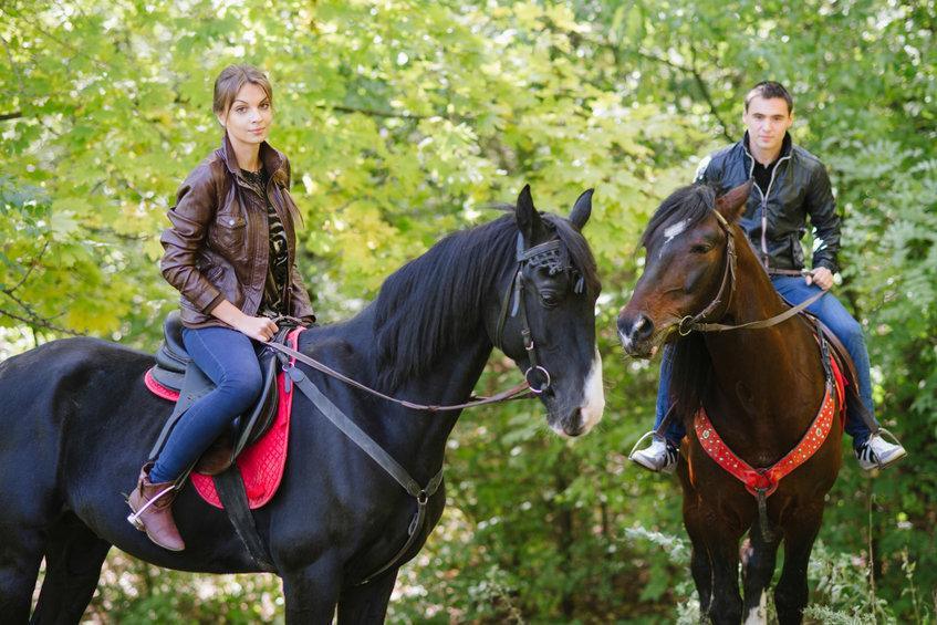 couple in love, horseback riding, summer forest