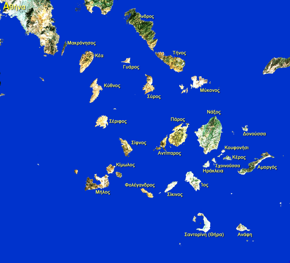 Carte satellite des Cyclades avec les principales îles de l'archipel
